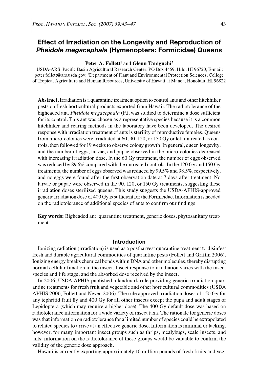 Effect of Irradiation on the Longevity and Reproduction of Pheidole Megacephala (Hymenoptera: Formicidae) Queens