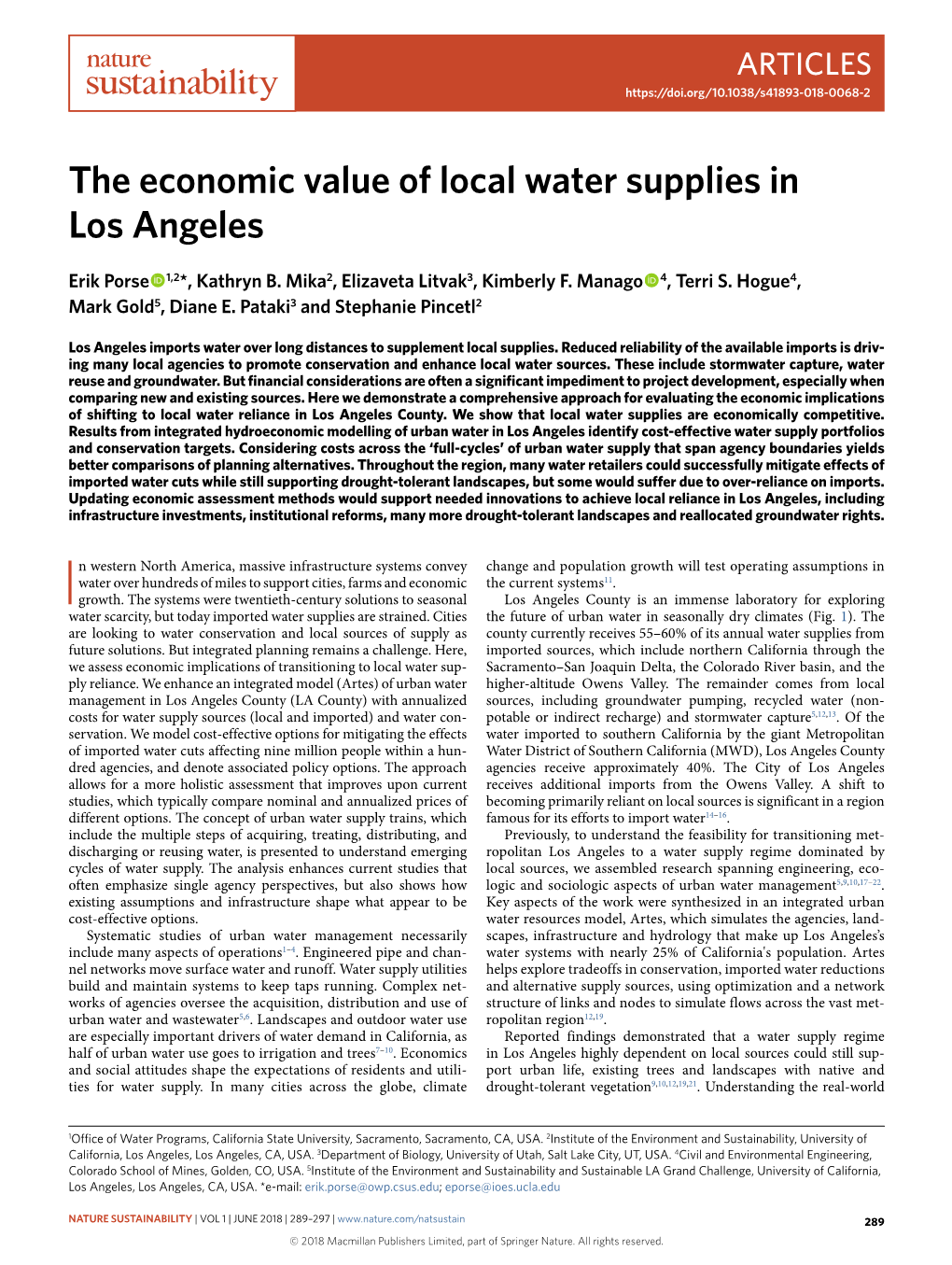 The Economic Value of Local Water Supplies in Los Angeles