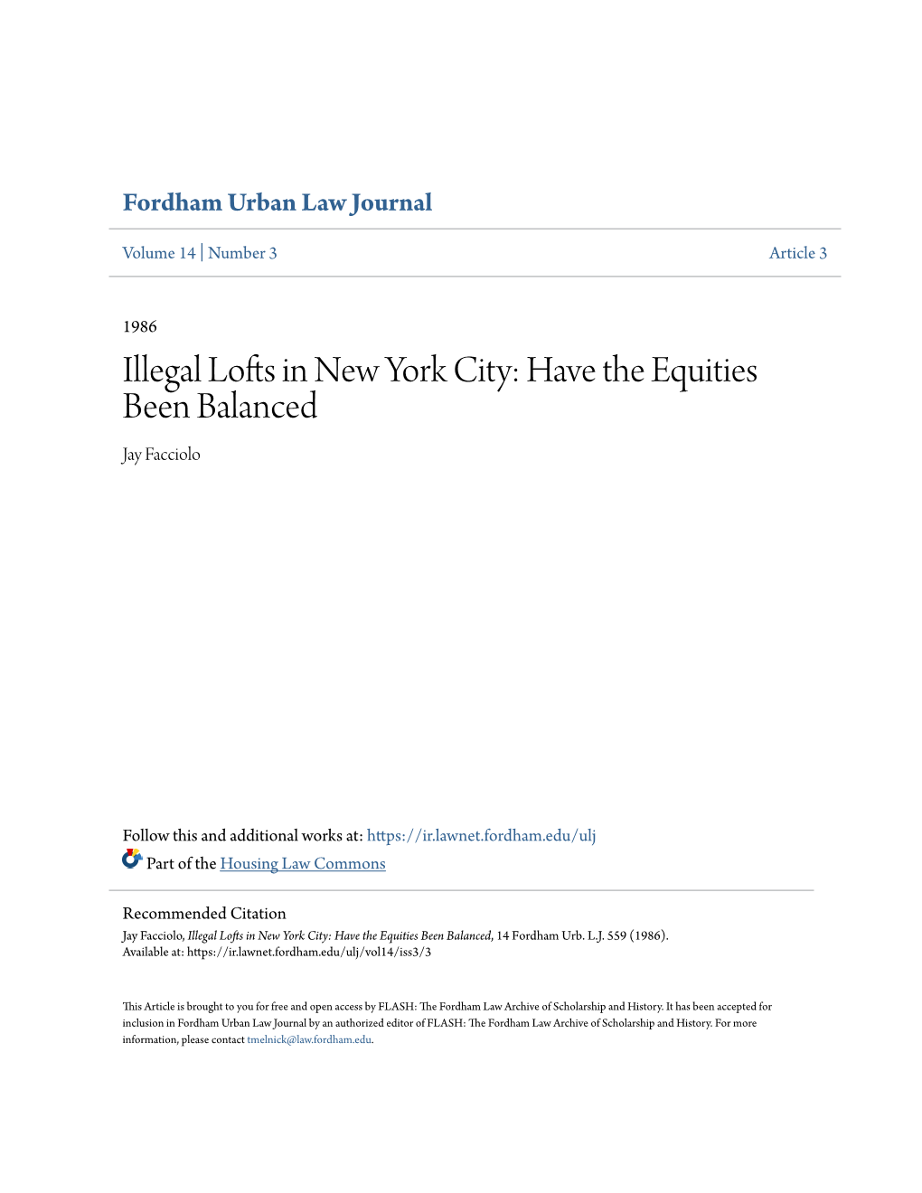 Illegal Lofts in New York City: Have the Equities Been Balanced Jay Facciolo