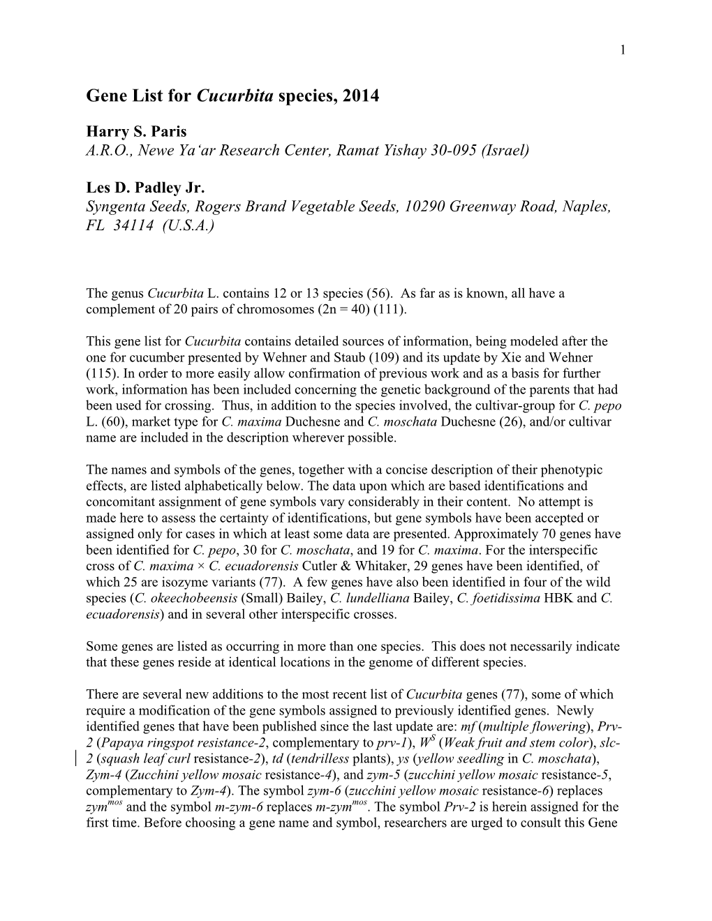 Gene List for Cucurbita Species, 2014