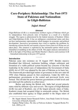 The Post-1973 State of Pakistan and Nationalism in Gilgit-Baltistan