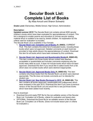 Secular Book List: Complete List of Books by Alisa Avruch and Sharon Schwartz