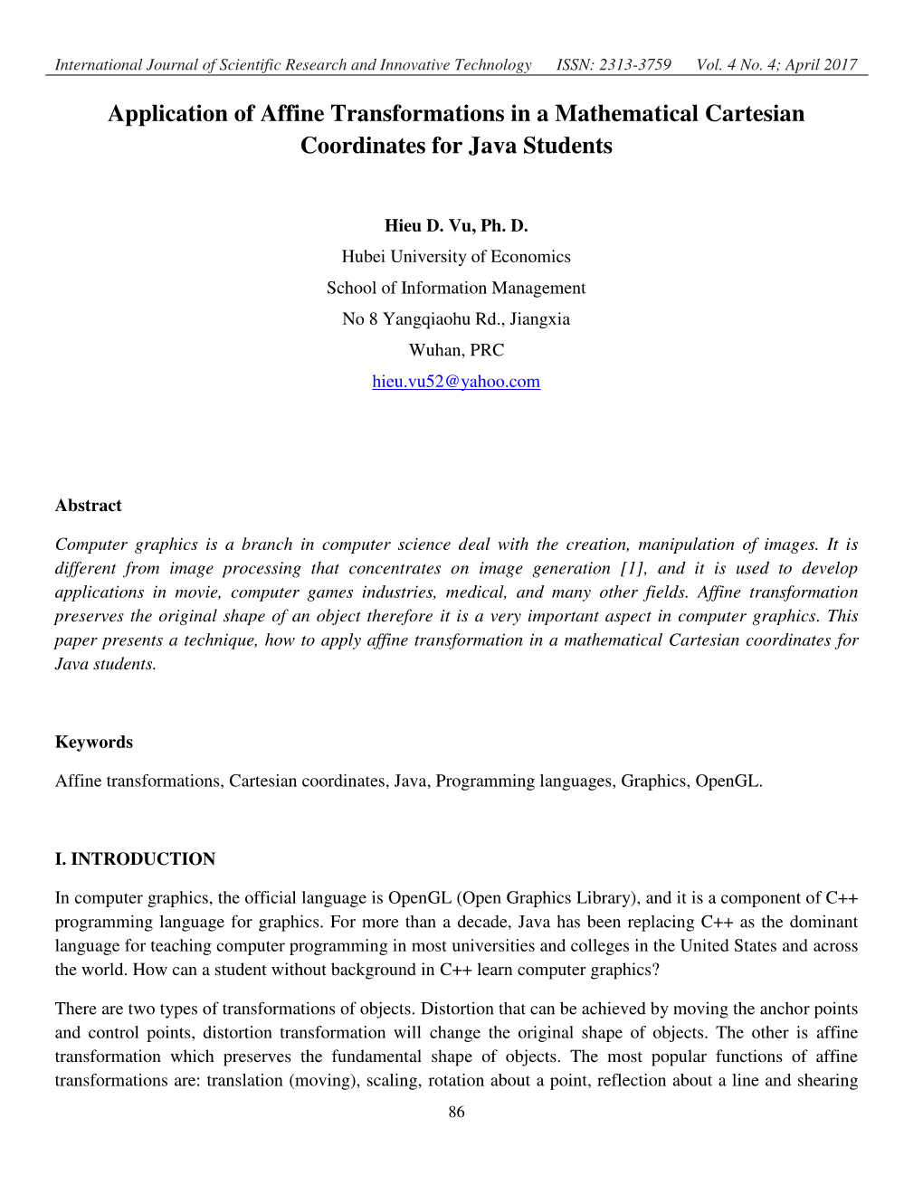 Application of Affine Transformations in a Mathematical Cartesian Coordinates for Java Students