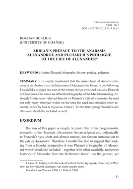 Arrian's Preface to the Anabasis Alexandrou and Plutarch's Prologue