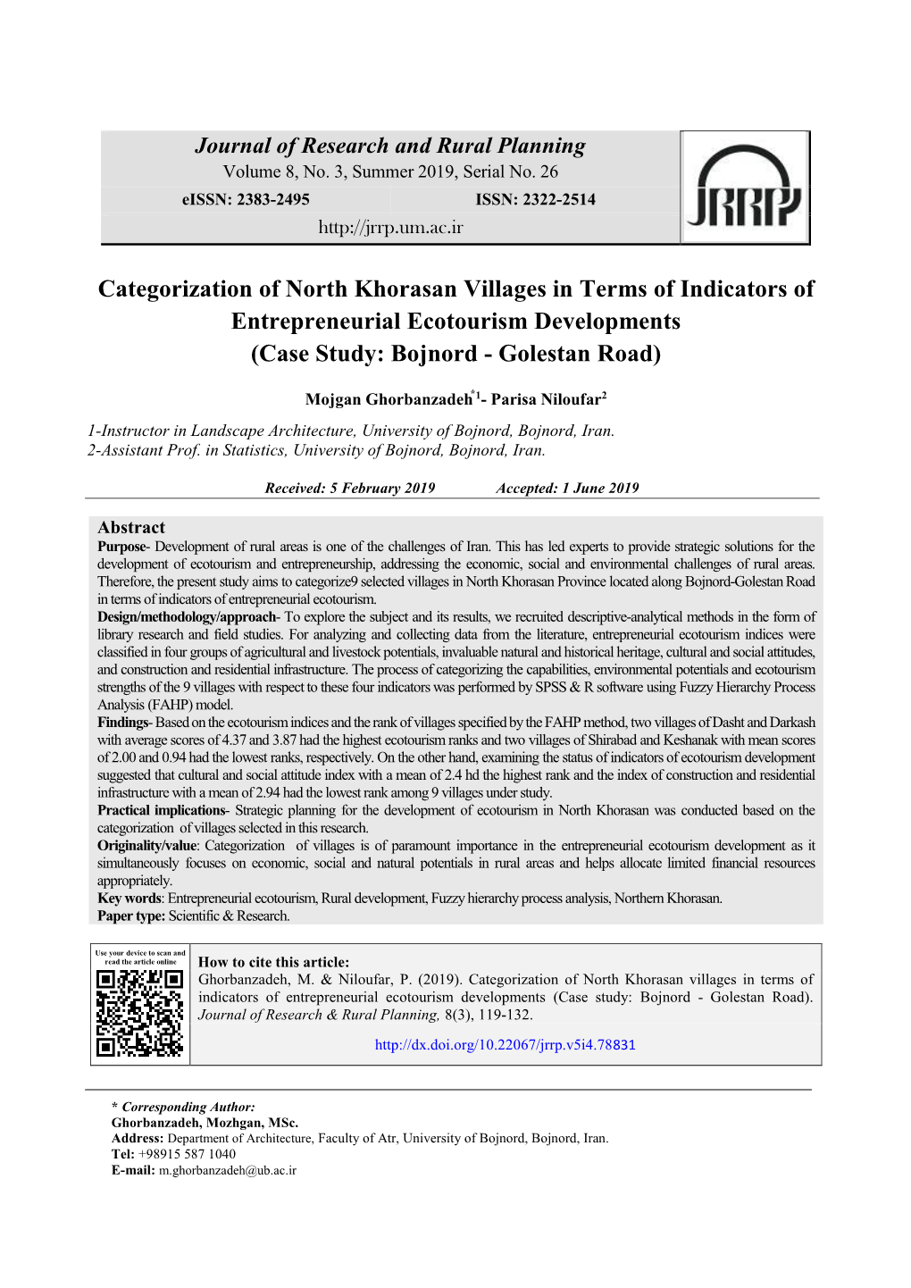 Categorization of North Khorasan Villages in Terms of Indicators of Entrepreneurial Ecotourism Developments (Case Study: Bojnord - Golestan Road)