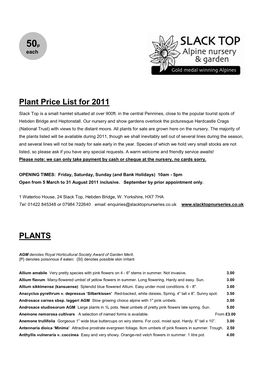Plant Price List for 2011