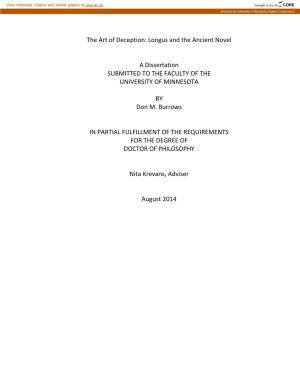The Art of Deception: Longus and the Ancient Novel a Dissertation SUBMITTED to the FACULTY of the UNIVERSITY of MINNESOTA BY