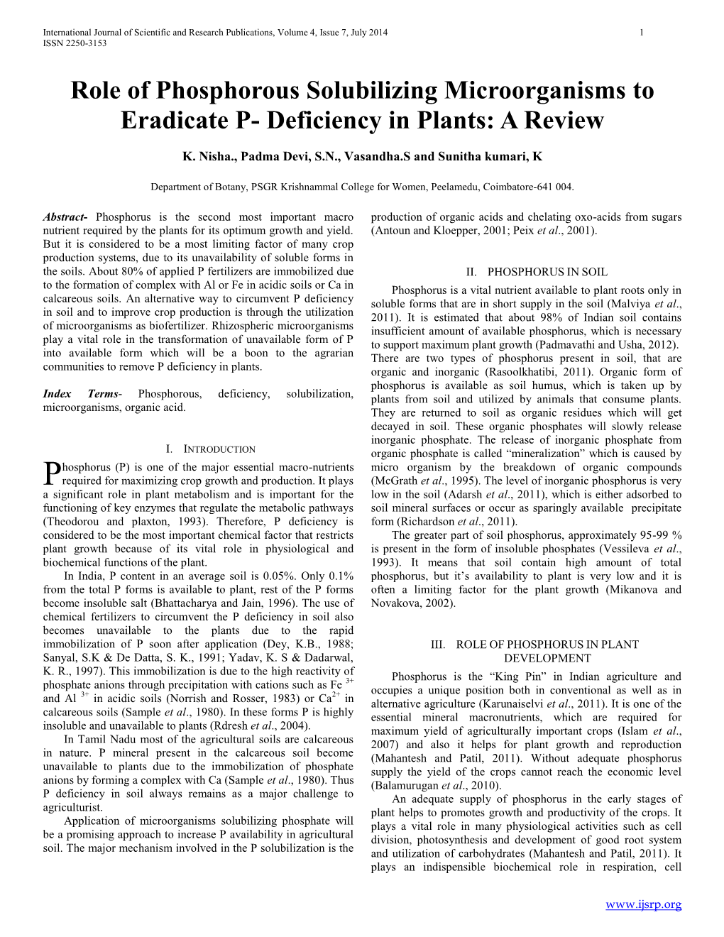 Role of Phosphorous Solubilizing Microorganisms to Eradicate P- Deficiency in Plants: a Review