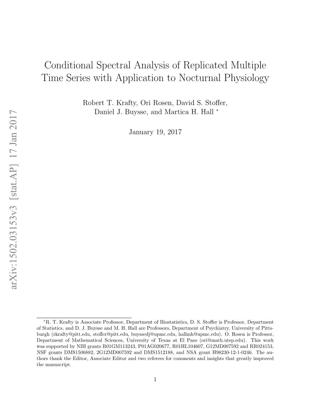 Conditional Spectral Analysis of Replicated Multiple Time Series with Application to Nocturnal Physiology