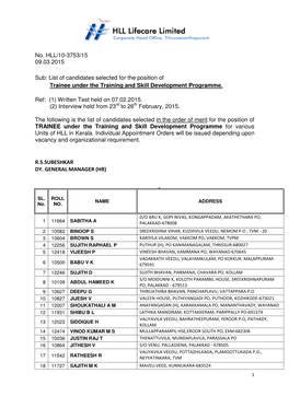 No. HLL/10-3753/15 09.03.2015 Sub: List of Candidates Selected for The