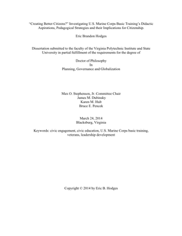 “Creating Better Citizens?” Investigating U.S. Marine Corps Basic Training’S Didactic Aspirations, Pedagogical Strategies and Their Implications for Citizenship