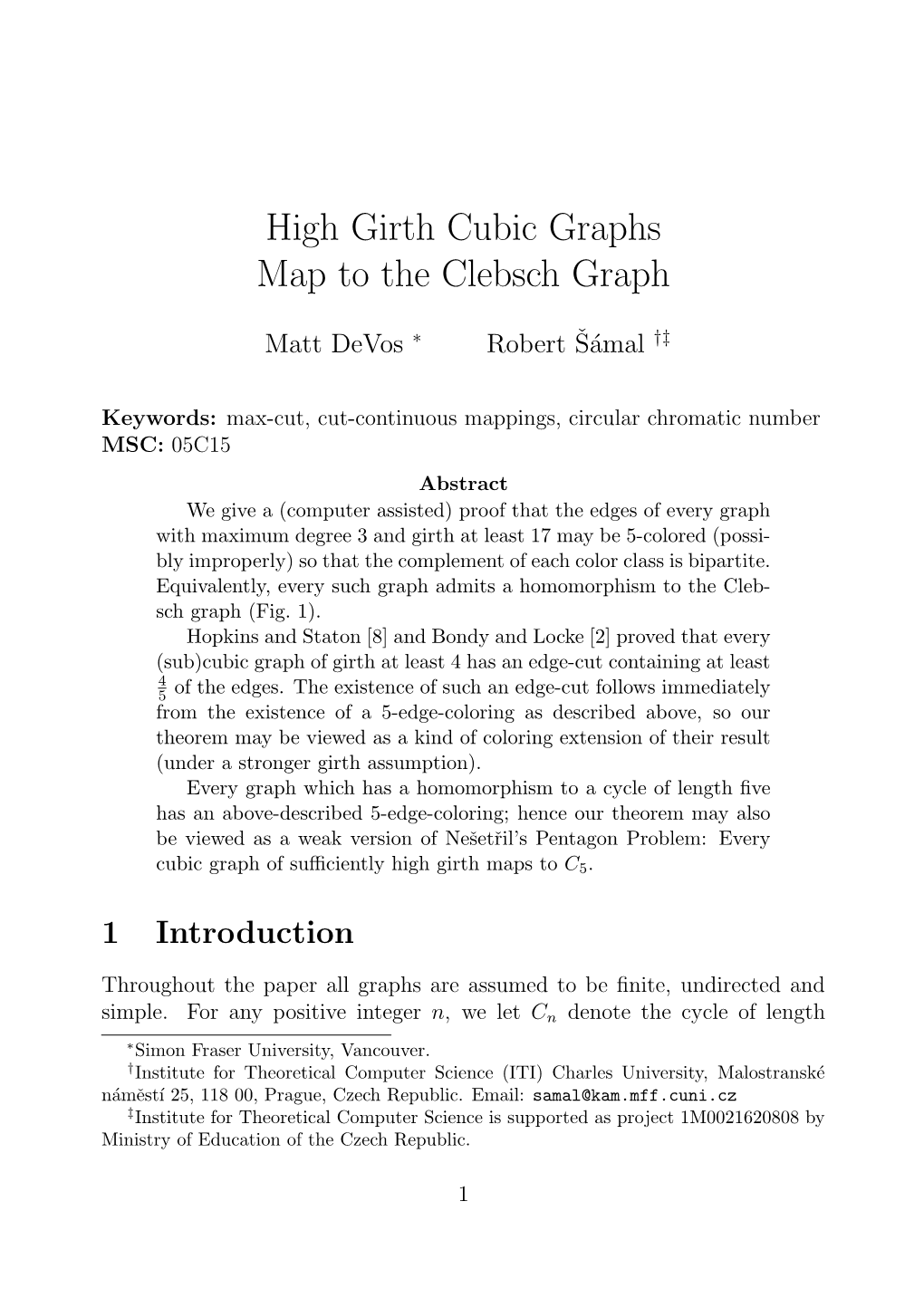 High Girth Cubic Graphs Map to the Clebsch Graph