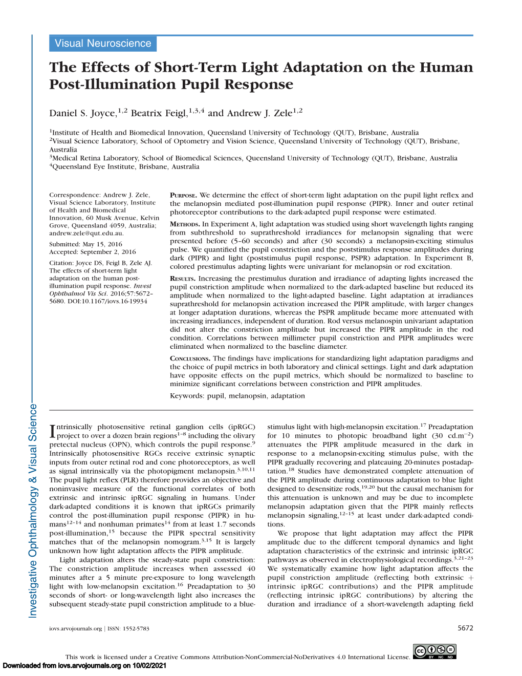 The Effects of Short-Term Light Adaptation on the Human Post-Illumination Pupil Response