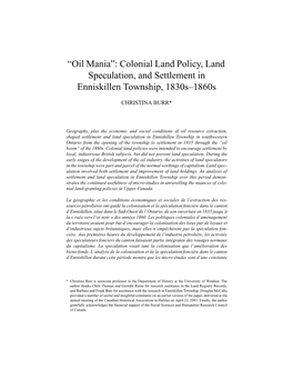 Colonial Land Policy, Land Speculation, and Settlement in Enniskillen Township, 1830S–1860S