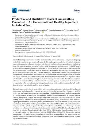 Productive and Qualitative Traits of Amaranthus Cruentus L.: an Unconventional Healthy Ingredient in Animal Feed