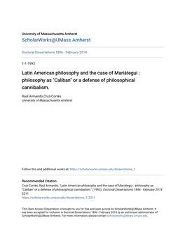 Latin American Philosophy and the Case of Mariátegui : Philosophy As "Caliban" Or a Defense of Philosophical Cannibalism