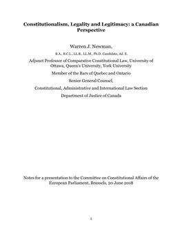 Constitutionalism, Legality and Legitimacy: a Canadian Perspective