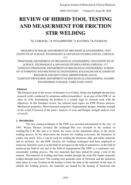 Review of Hibrid Tool Testing and Measurment for Friction Stir Welding