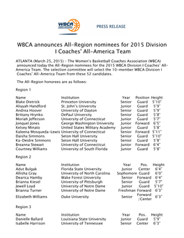 WBCA Announces All-Region Nominees for 2015 Division I Coaches' All-America Team