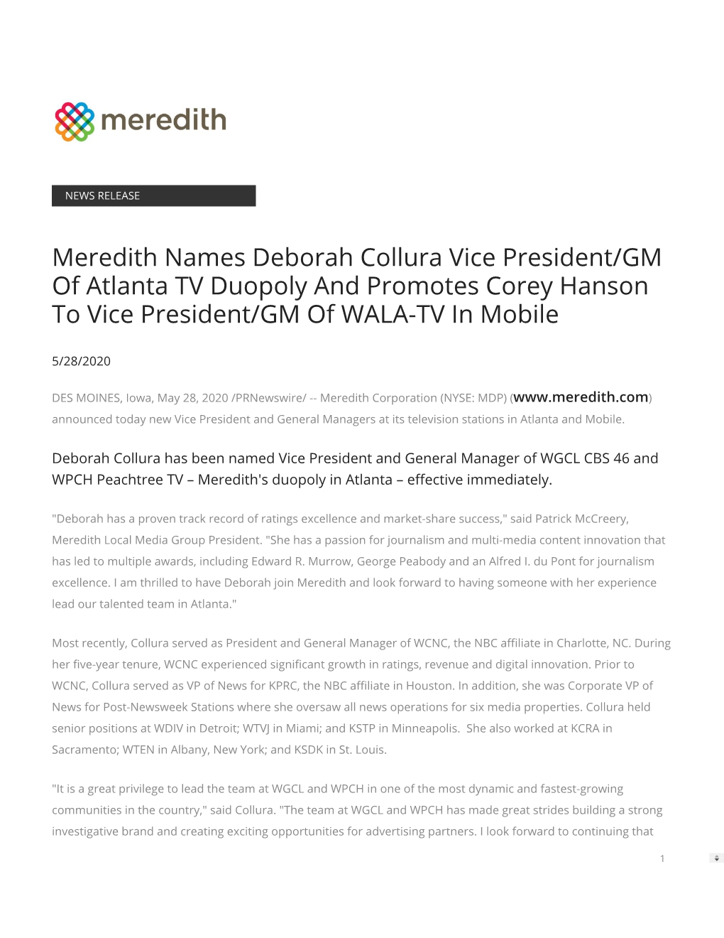 Meredith Names Deborah Collura Vice President/GM of Atlanta TV Duopoly and Promotes Corey Hanson to Vice President/GM of WALA-TV in Mobile