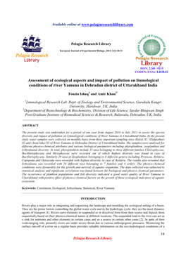 Assessment of Ecological Aspects and Impact of Pollution on Limnological Conditions of River Yamuna in Dehradun District of Uttarakhand India