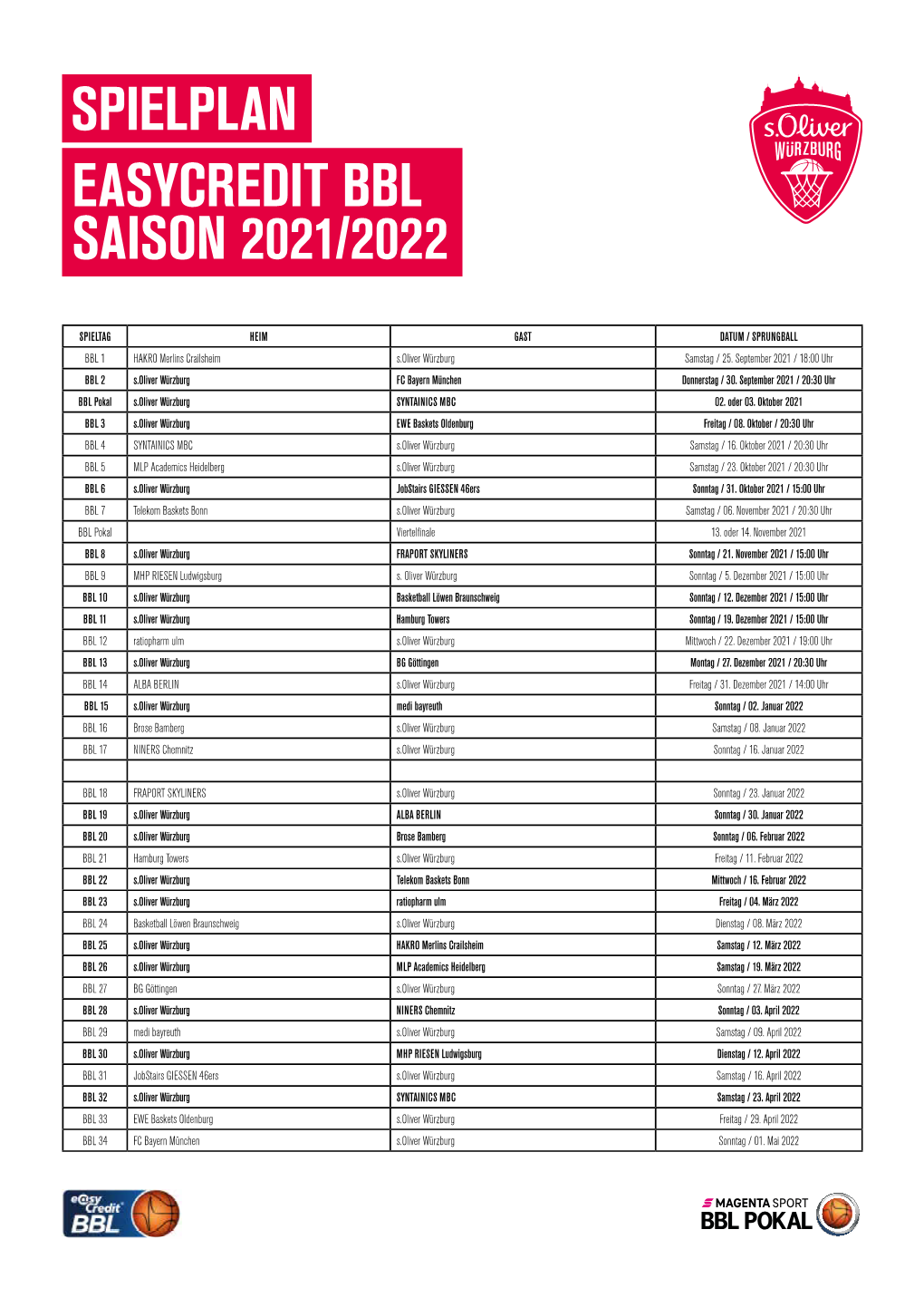 Spielplan Easycredit Bbl Saison 2021/2022