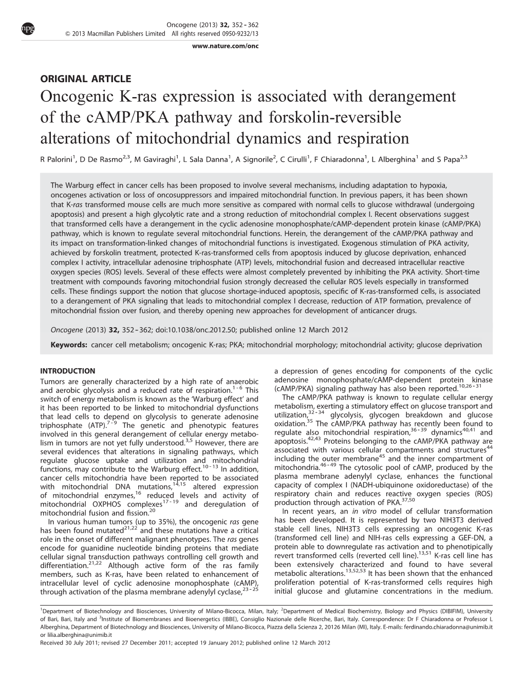 Oncogenic K-Ras Expression Is Associated with Derangement of the Camp/PKA Pathway and Forskolin-Reversible Alterations of Mitochondrial Dynamics and Respiration