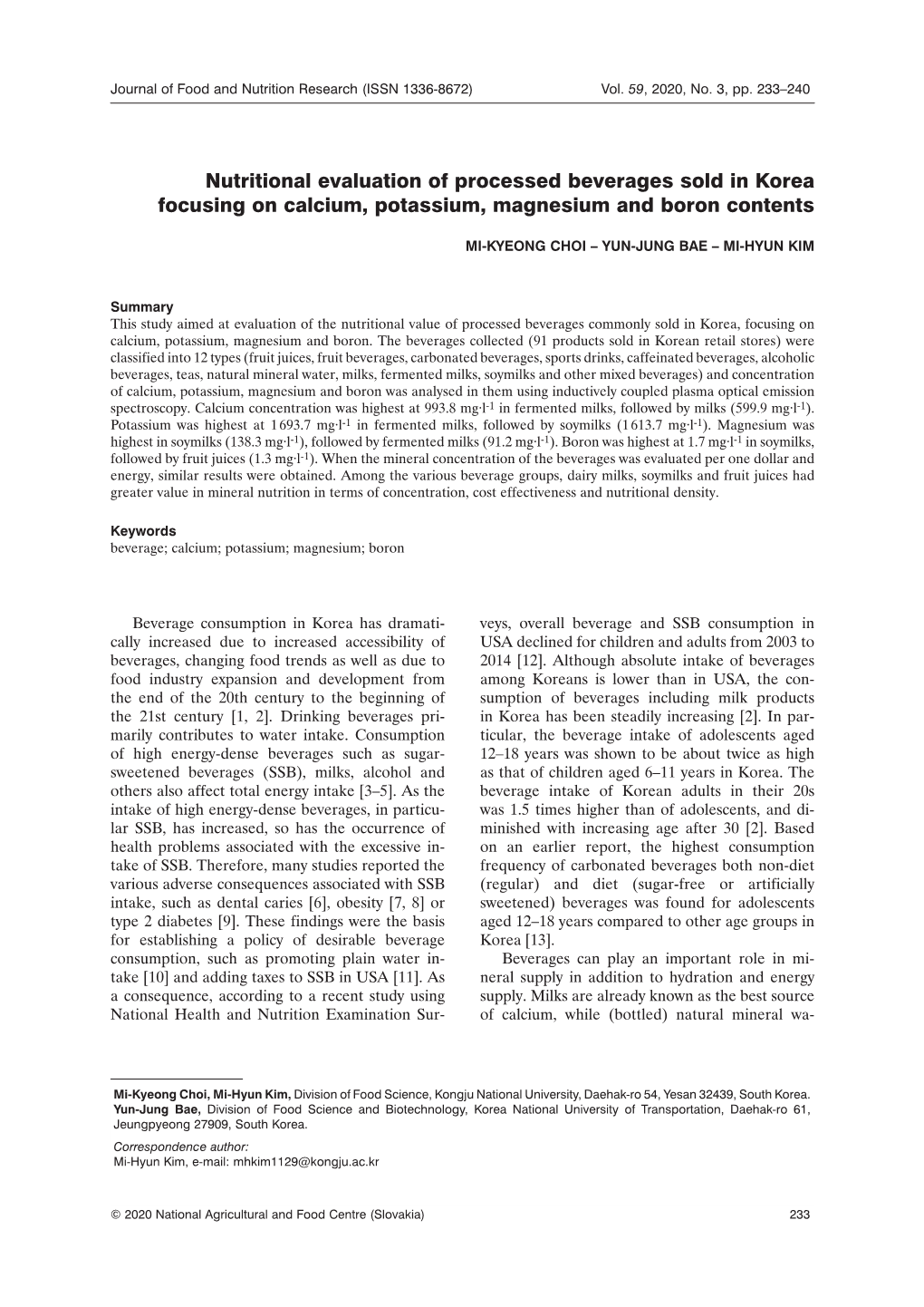 Nutritional Evaluation of Processed Beverages Sold in Korea Focusing on Calcium, Potassium, Magnesium and Boron Contents