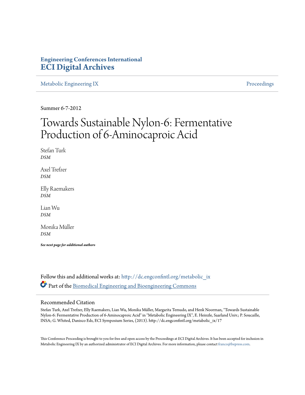 Fermentative Production of 6-Aminocaproic Acid Stefan Turk DSM