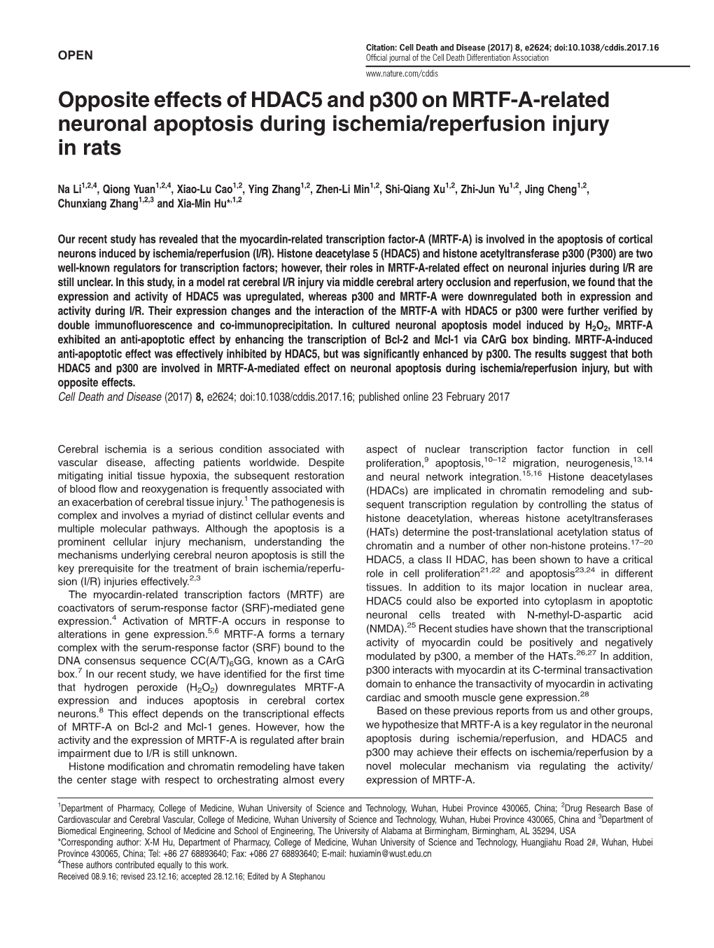 Opposite Effects of HDAC5 and P300 on MRTF-A-Related Neuronal Apoptosis During Ischemia/Reperfusion Injury in Rats