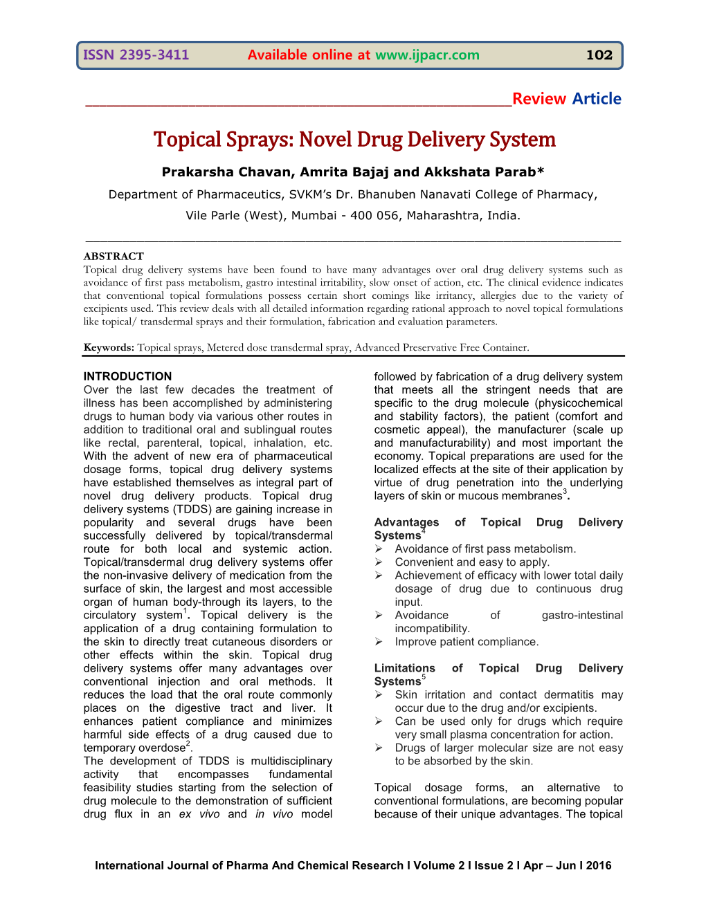 Topical Sprays: Novel Drug Delivery System