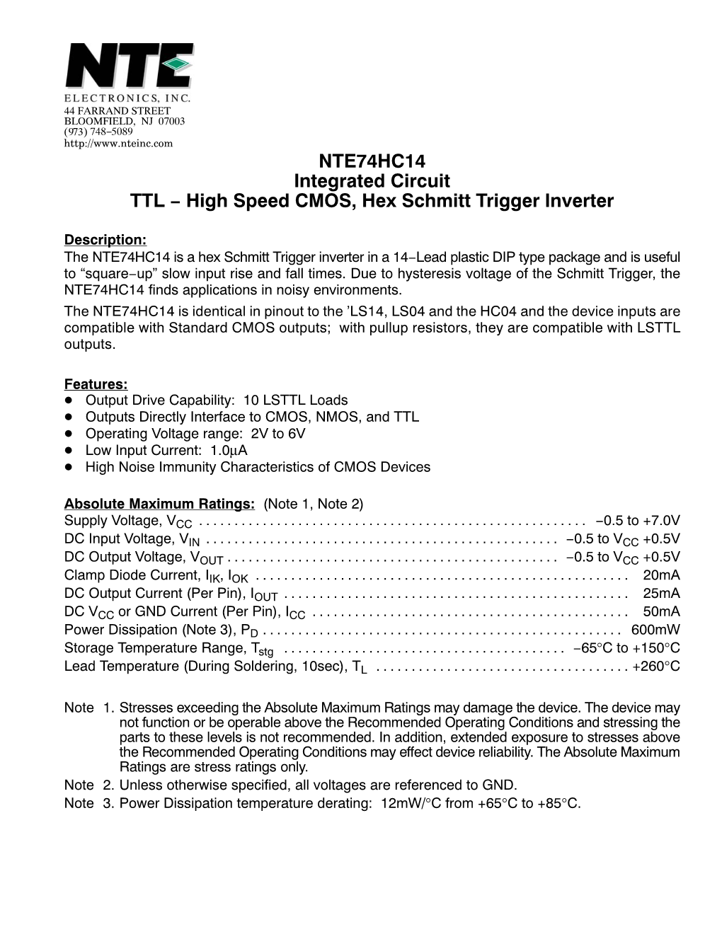NTE74HC14 Integrated Circuit TTL − High Speed CMOS, Hex Schmitt Trigger Inverter
