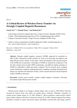 A Critical Review of Wireless Power Transfer Via Strongly Coupled Magnetic Resonances