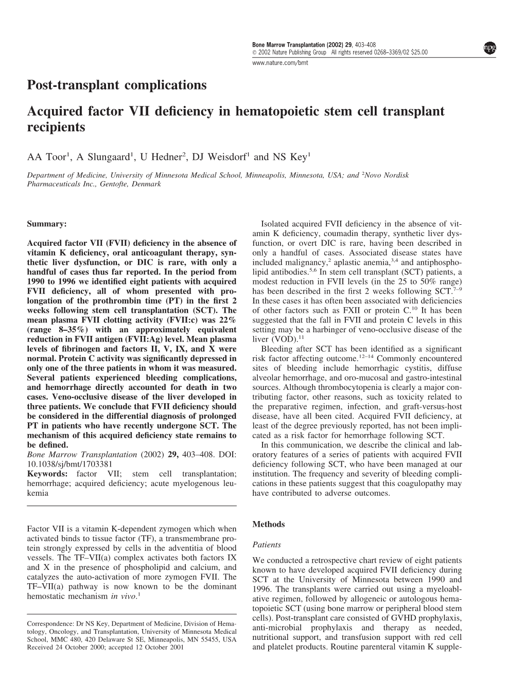 Post-Transplant Complications Acquired Factor VII Deficiency In