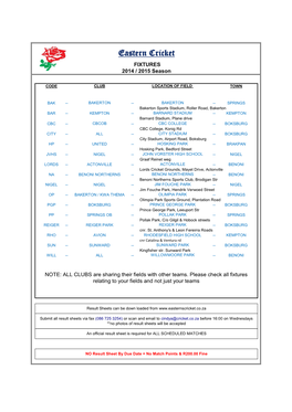 Eastern Cricket FIXTURES 2014 / 2015 Season