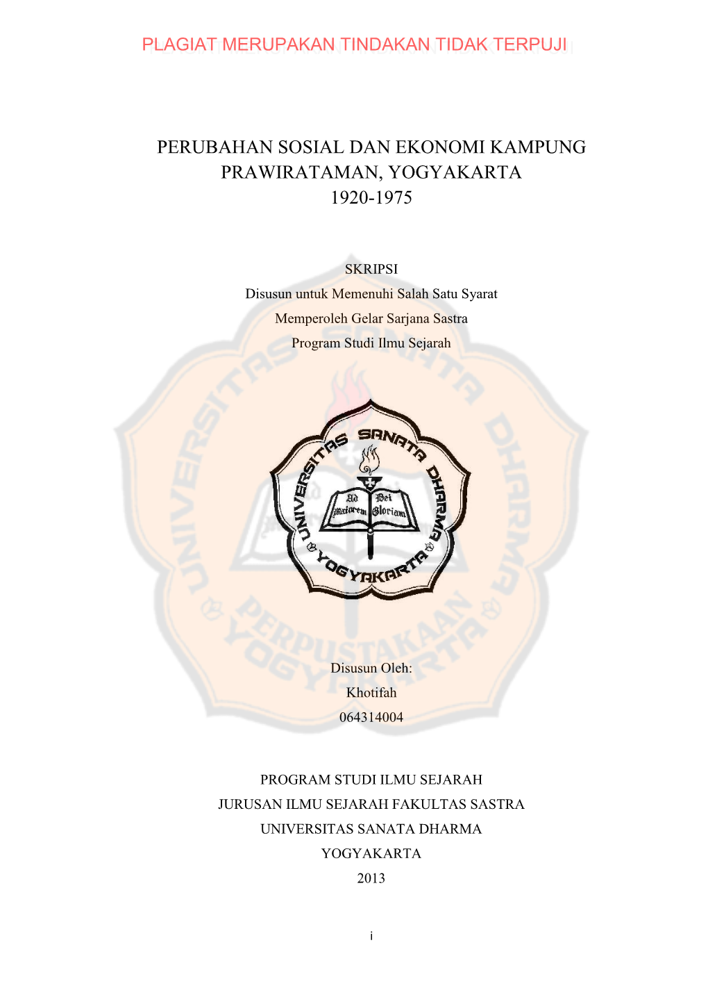 Perubahan Sosial Dan Ekonomi Kampung Prawirataman, Yogyakarta 1920-1975