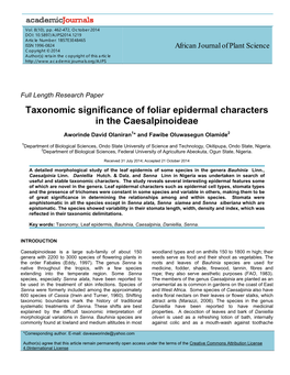 Taxonomic Significance of Foliar Epidermal Characters in the Caesalpinoideae