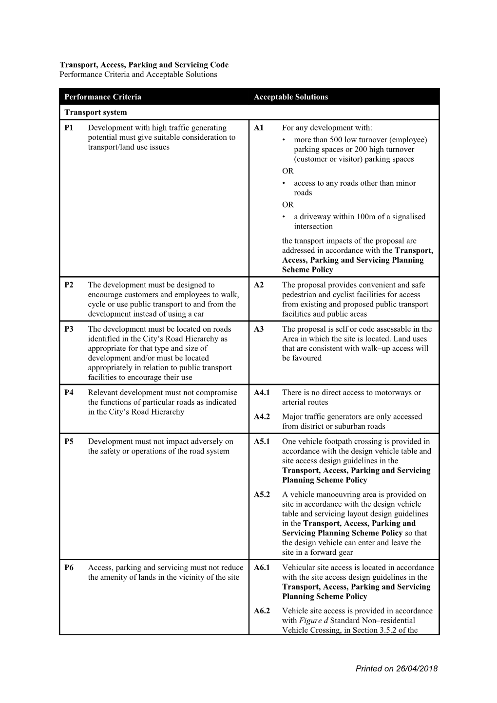Transport, Access, Parking and Servicing Code