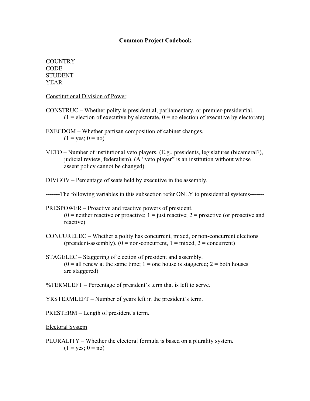 Common Project Codebook