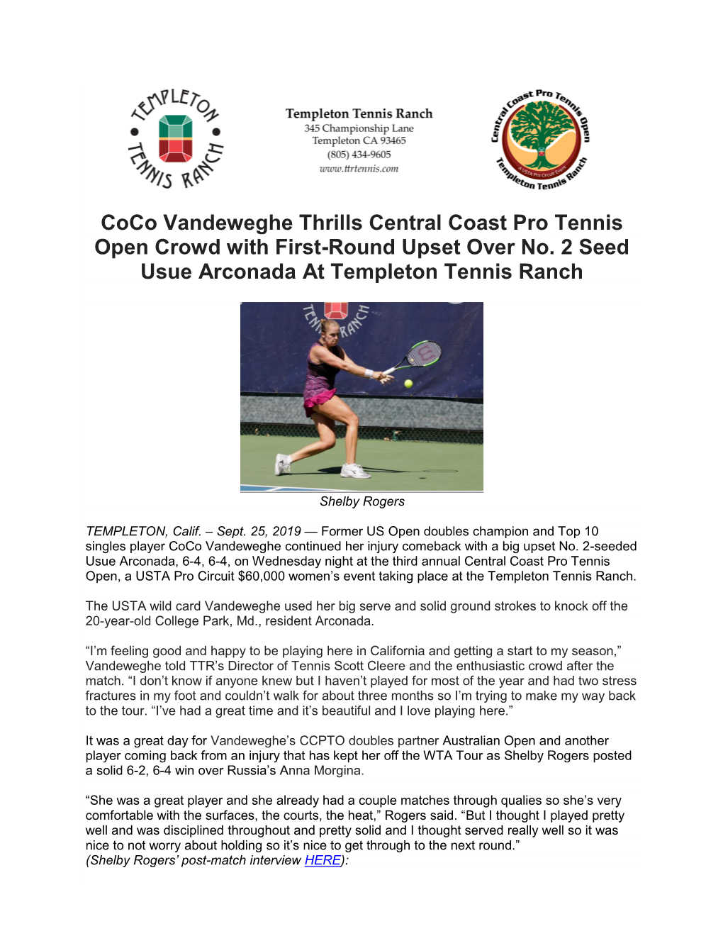 Coco Vandeweghe Thrills Central Coast Pro Tennis Open Crowd with First-Round Upset Over No