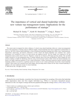 The Importance of Vertical and Shared Leadership Within New Venture Top Management Teams: Implications for the Performance of Startups☆ ⁎ Michael D