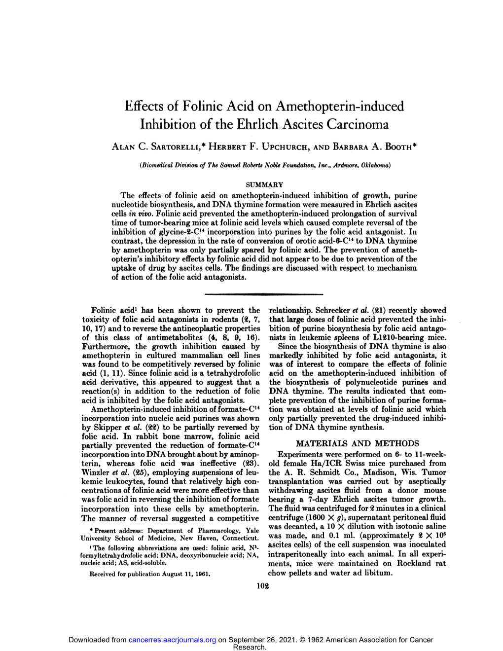 Effects of Folinic Acid on Amethopterin-Induced Inhibition of the Ehrlich Ascites Carcinoma ALAN C