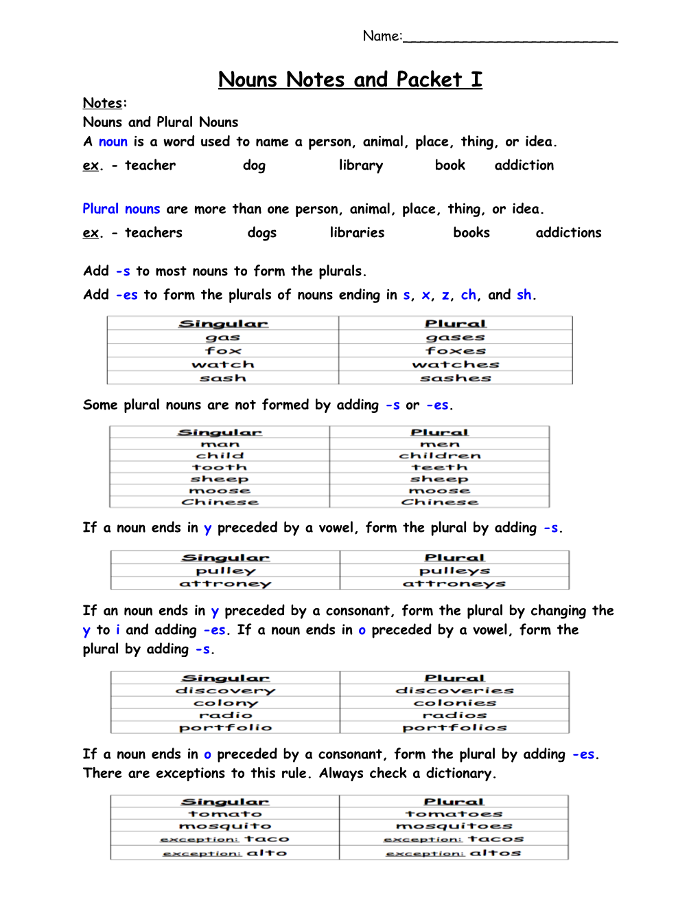 Nouns Notes and Packet I