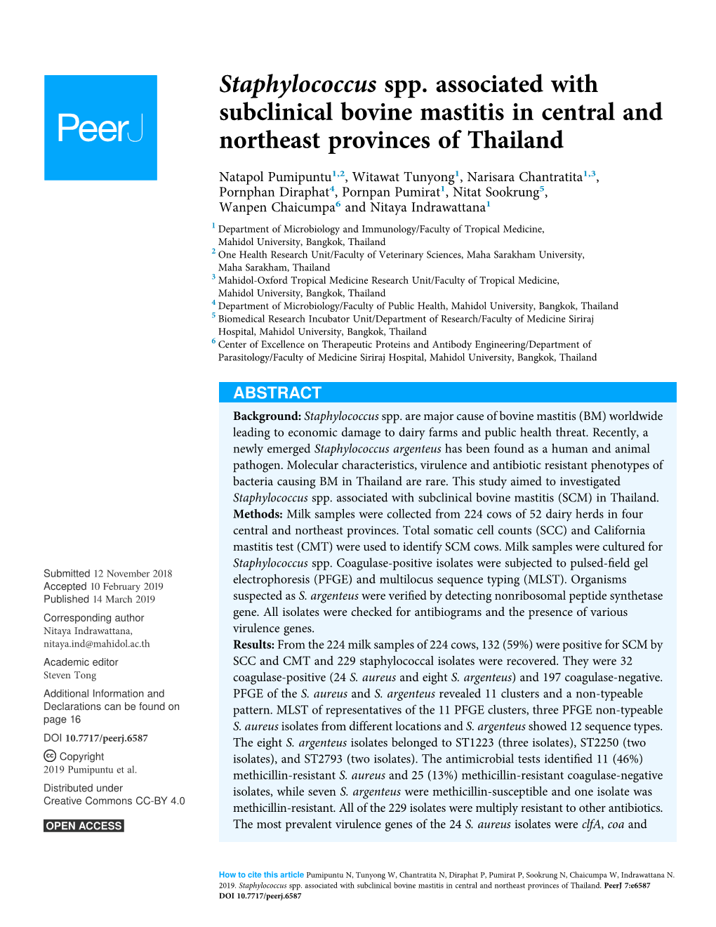 Staphylococcus Spp. Associated with Subclinical Bovine Mastitis in Central and Northeast Provinces of Thailand