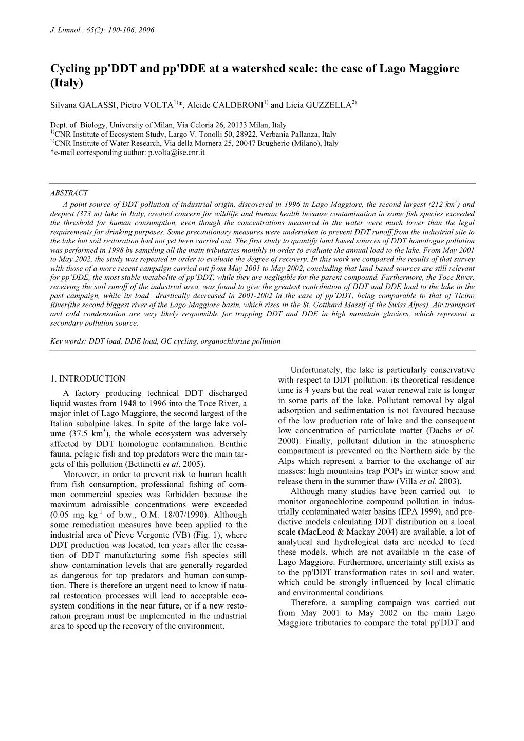 Cycling Pp'ddt and Pp'dde at a Watershed Scale: the Case of Lago Maggiore (Italy)