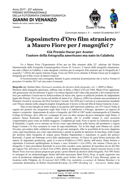 Esposimetro D'oro Film Straniero a Mauro Fiore Per I Magnifici 7