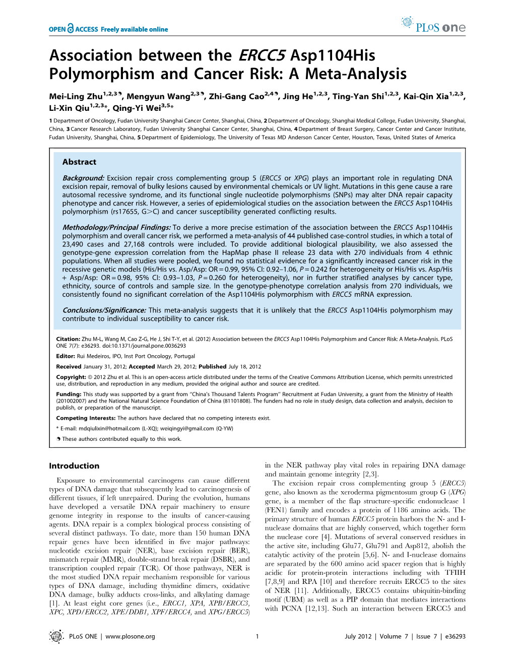 Association Between the ERCC5 Asp1104his Polymorphism and Cancer Risk: a Meta-Analysis