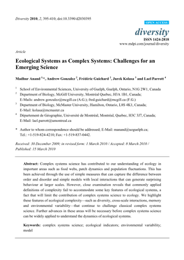 Ecological Systems As Complex Systems: Challenges for an Emerging Science