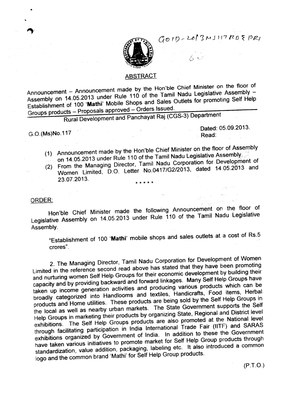 ABSTRACT Announcement Announcement Made by the Hon'ble Chief Minister on the Floor of Assembly on 14.05.2013 Under Rule 110 Of