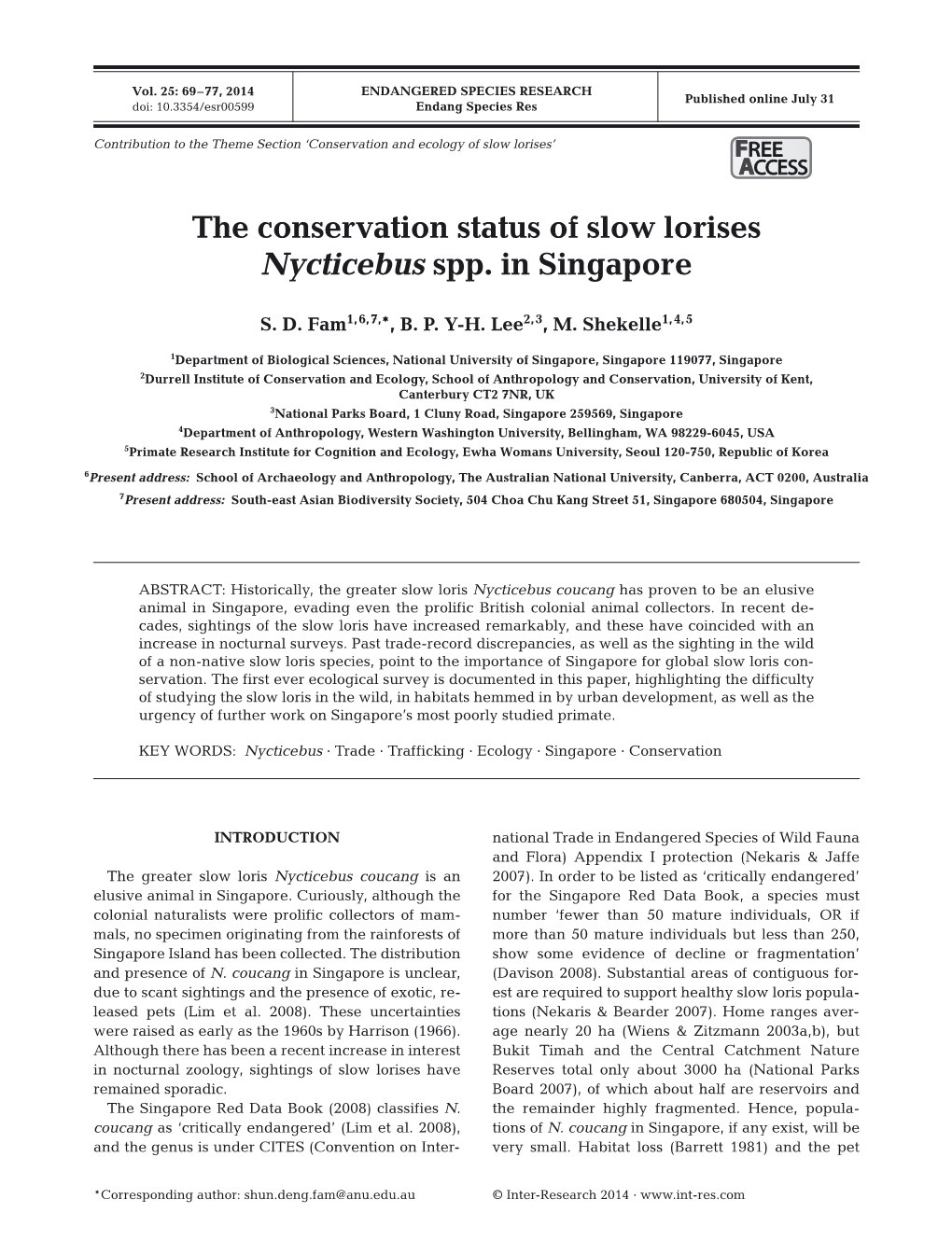 The Conservation Status of Slow Lorises Nycticebus Spp. in Singapore